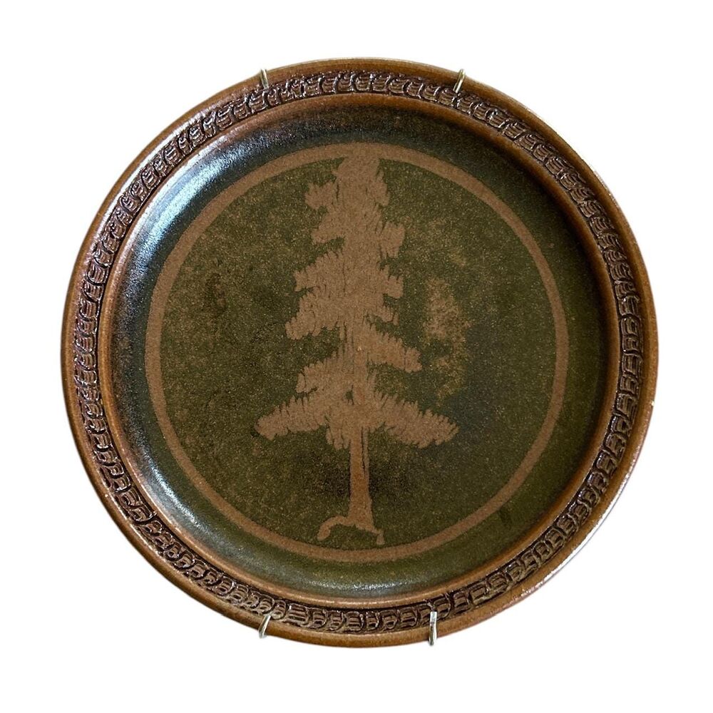 Rustic Brown and Green Tree Silhouette Stoneware Wall Hanging Plate